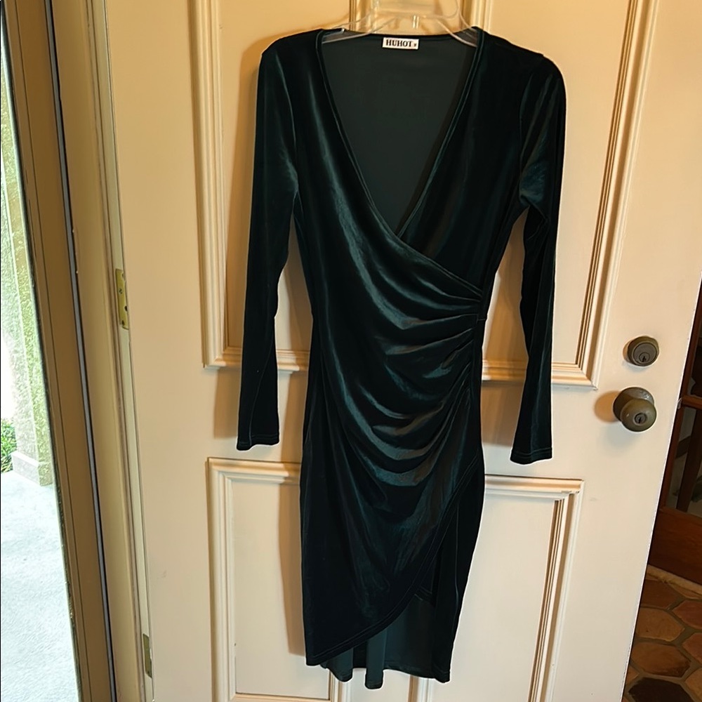 Amazon Women's Dark Green Velvet Long Sleeve Wrap Dress